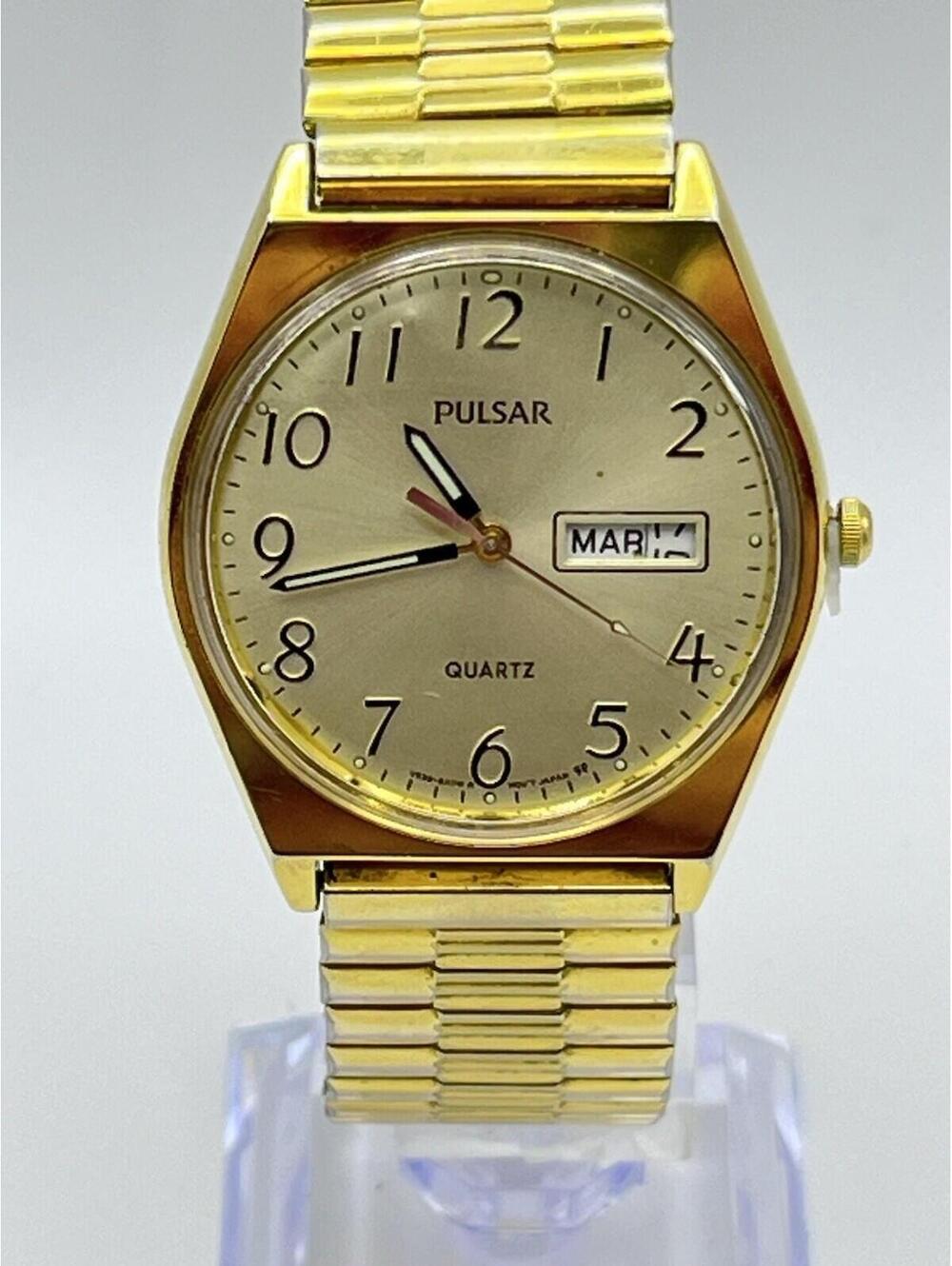 Pulsar Watch Vintage V533-8A70 Gold Tone Day-Date Dial Men's Watch 34mm Works